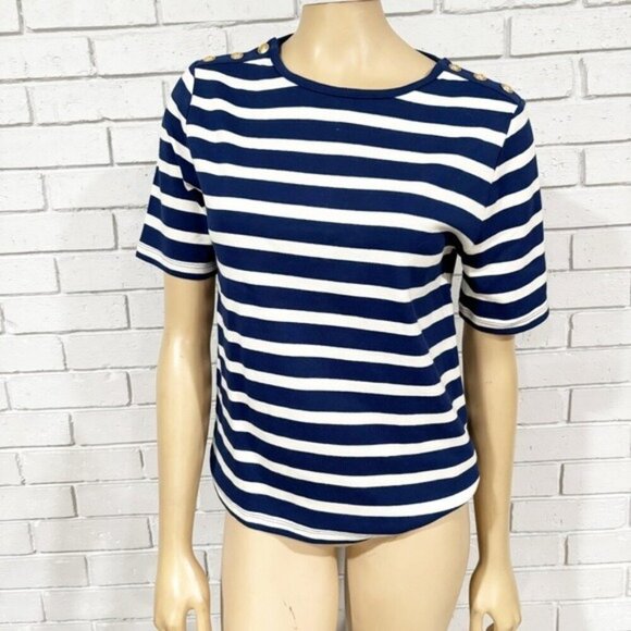J.Crew Perfect-fit elbow-sleeve T-shirt in stripe with gold buttons - Size Large - Picture 4 of 11